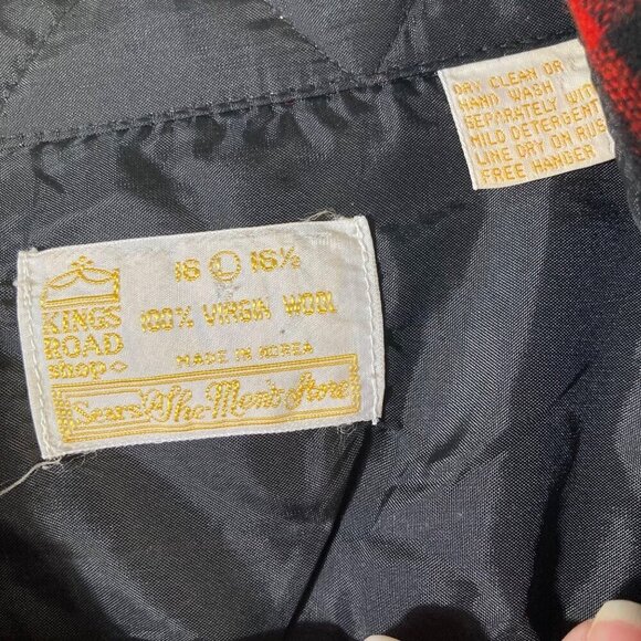 Mens Vintage Sears Kings Road Plaid Wool Button Shirt Red Black L 16 - 16.5" Woo - Picture 6 of 6